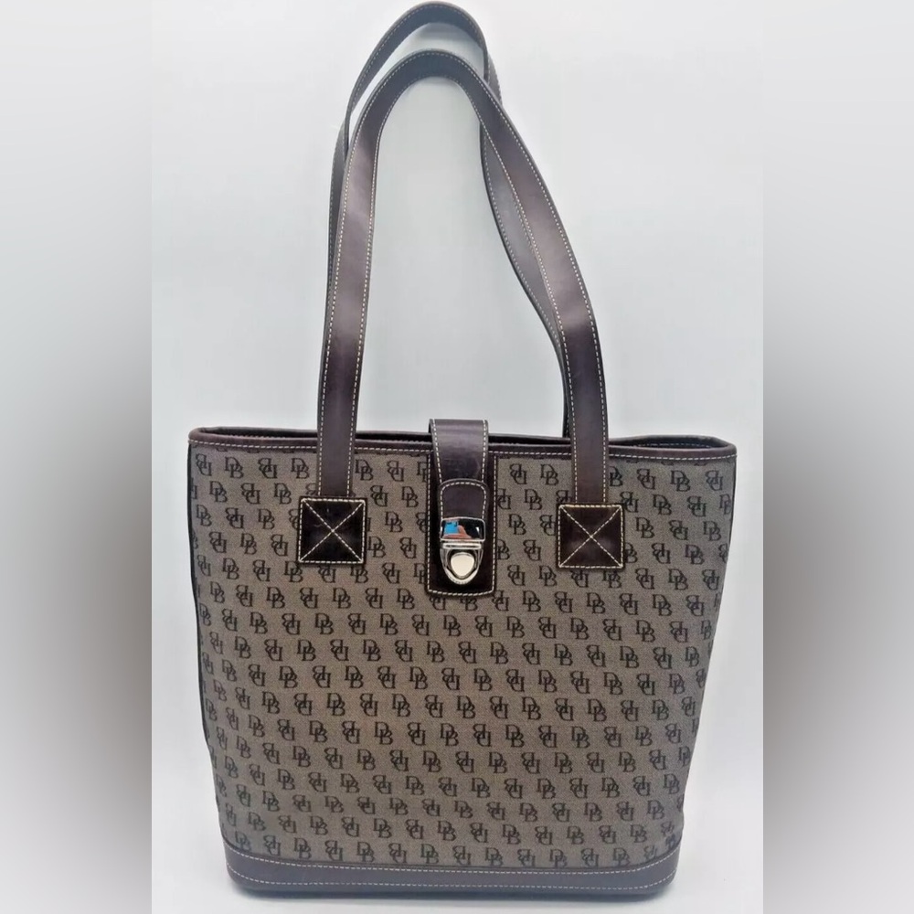 Vintage Dooney & Bourke Monogram Canvas Brown Leather Tote Bag